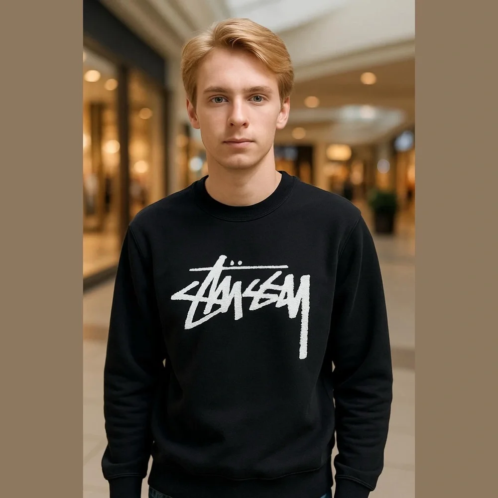 Stussy Black Crewneck with White Script Logo - Picture 1 of 8